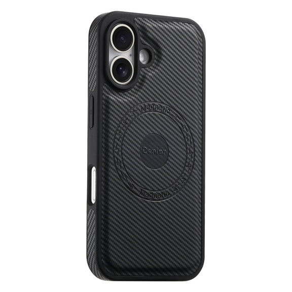 For iPhone 16 Denior Carbon Fiber Texture Leather MagSafe Phone Case(Black)