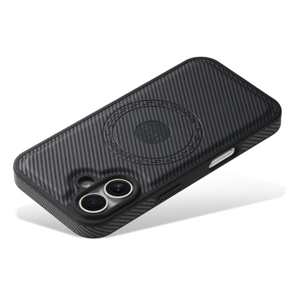 For iPhone 16 Denior Carbon Fiber Texture Leather MagSafe Phone Case(Black)