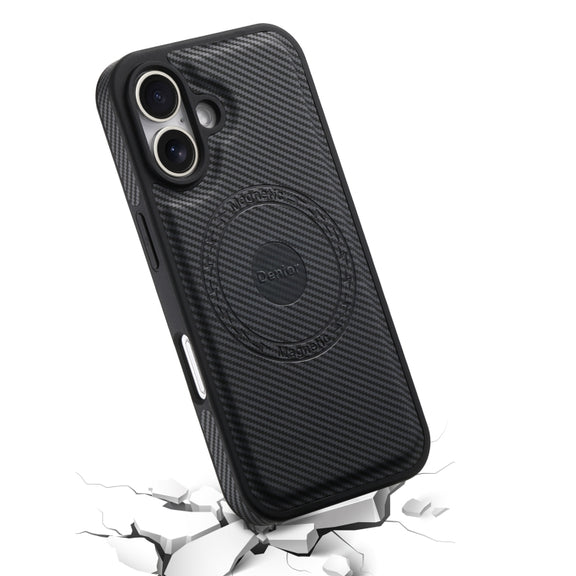 For iPhone 16 Denior Carbon Fiber Texture Leather MagSafe Phone Case(Black)