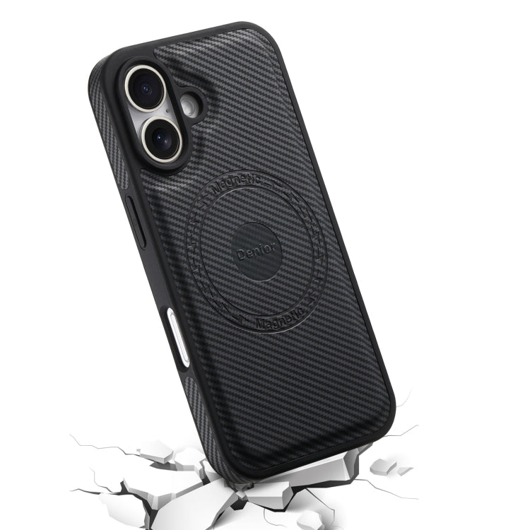 For iPhone 16 Denior Carbon Fiber Texture Leather MagSafe Phone Case(Black)