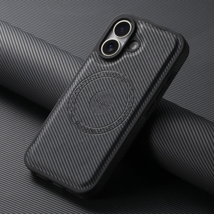For iPhone 16 Denior Carbon Fiber Texture Leather MagSafe Phone Case(Black)