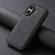 For iPhone 16 Denior Carbon Fiber Texture Leather MagSafe Phone Case(Black)