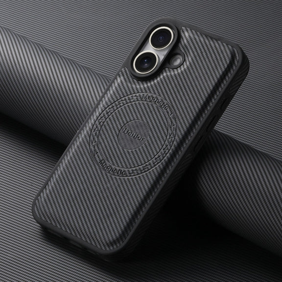 For iPhone 16 Denior Carbon Fiber Texture Leather MagSafe Phone Case(Black)