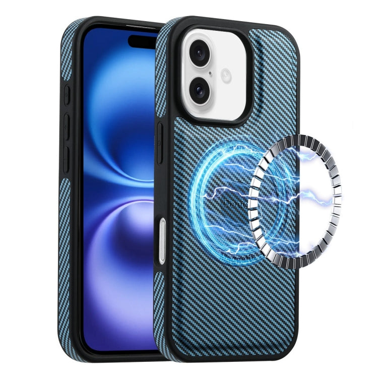 For iPhone 16 Denior Carbon Fiber Texture Leather MagSafe Phone Case(Blue)