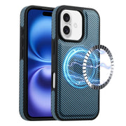 For iPhone 16 Denior Carbon Fiber Texture Leather MagSafe Phone Case(Blue)