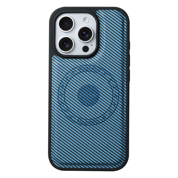 For iPhone 16 Denior Carbon Fiber Texture Leather MagSafe Phone Case(Blue)