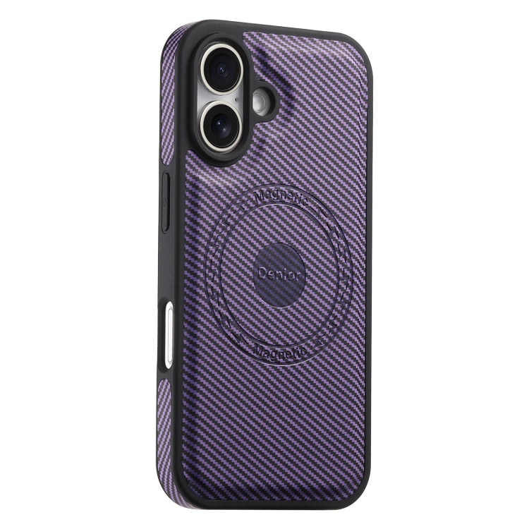 For iPhone 16 Denior Carbon Fiber Texture Leather MagSafe Phone Case(Purple)