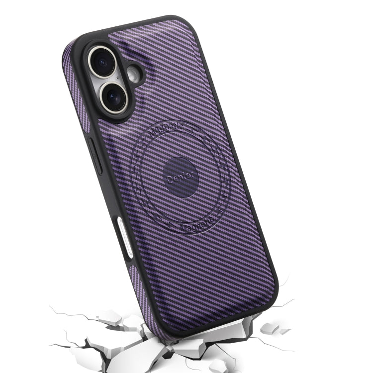 For iPhone 16 Denior Carbon Fiber Texture Leather MagSafe Phone Case(Purple)