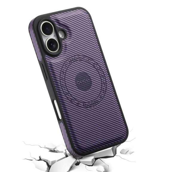 For iPhone 16 Denior Carbon Fiber Texture Leather MagSafe Phone Case(Purple)