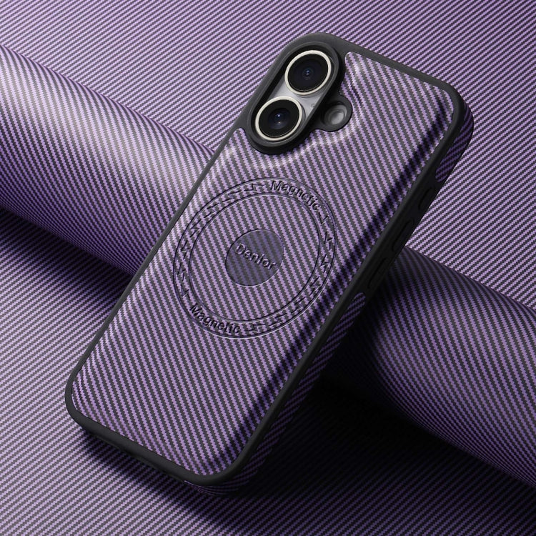 For iPhone 16 Denior Carbon Fiber Texture Leather MagSafe Phone Case(Purple)