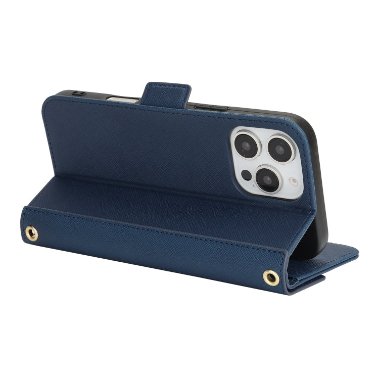 For iPhone 16 Pro Max Cross Texture Crossbody Lanyard Leather Phone Case(Blue)