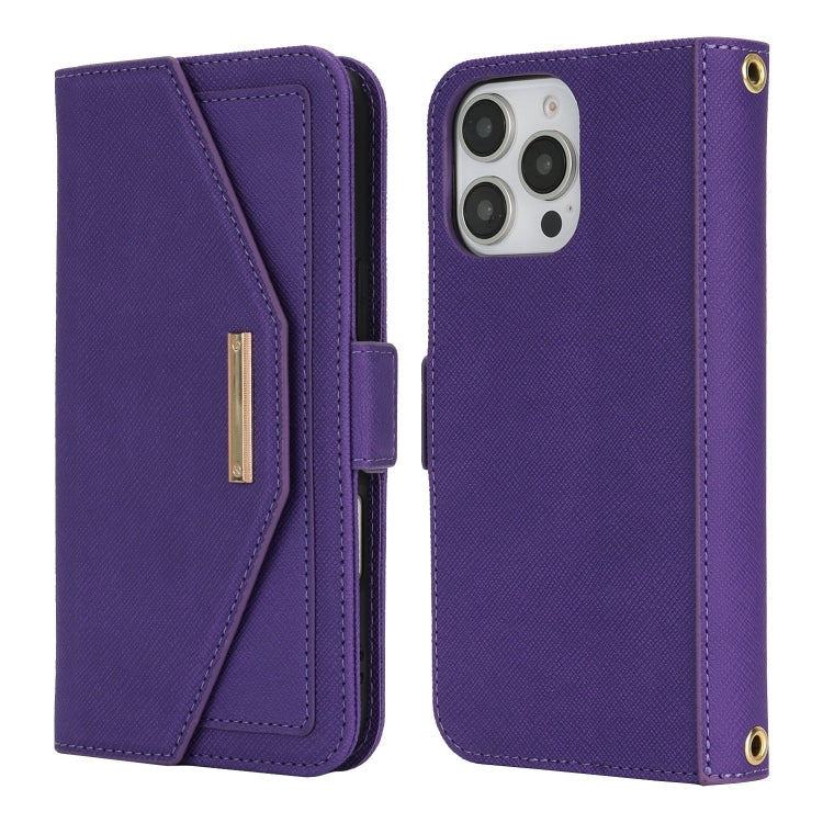 For iPhone 16 Pro Max Cross Texture Crossbody Lanyard Leather Phone Case(Purple)