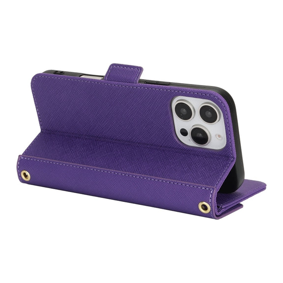 For iPhone 16 Pro Max Cross Texture Crossbody Lanyard Leather Phone Case(Purple)