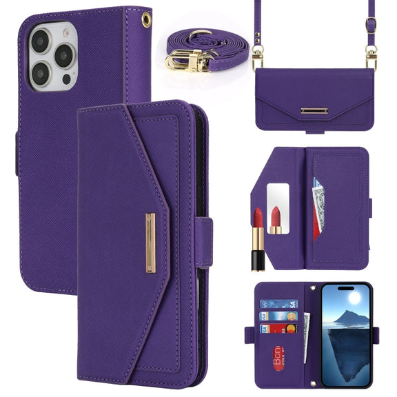 For iPhone 16 Pro Max Cross Texture Crossbody Lanyard Leather Phone Case(Purple)