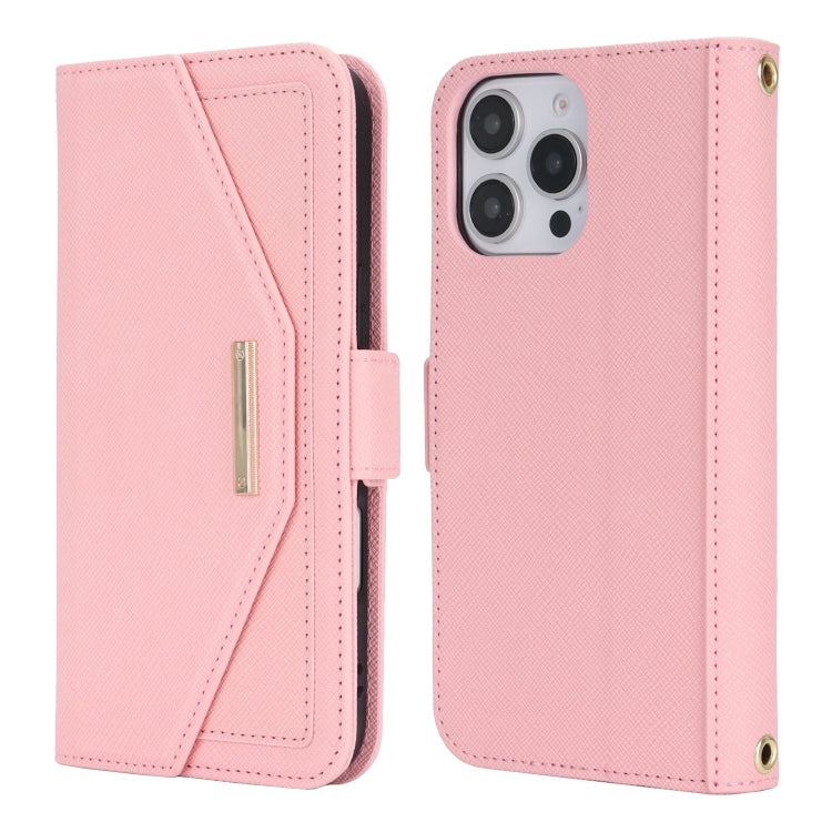 For iPhone 16 Pro Max Cross Texture Crossbody Lanyard Leather Phone Case(Pink)