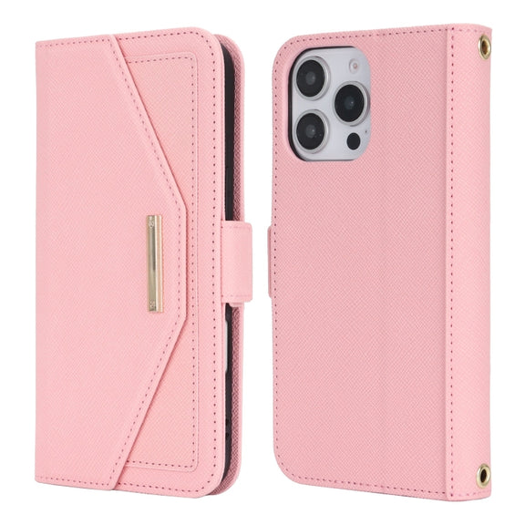 For iPhone 16 Pro Max Cross Texture Crossbody Lanyard Leather Phone Case(Pink)