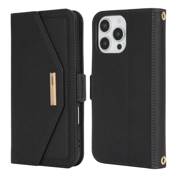 For iPhone 16 Pro Cross Texture Crossbody Lanyard Leather Phone Case(Black)