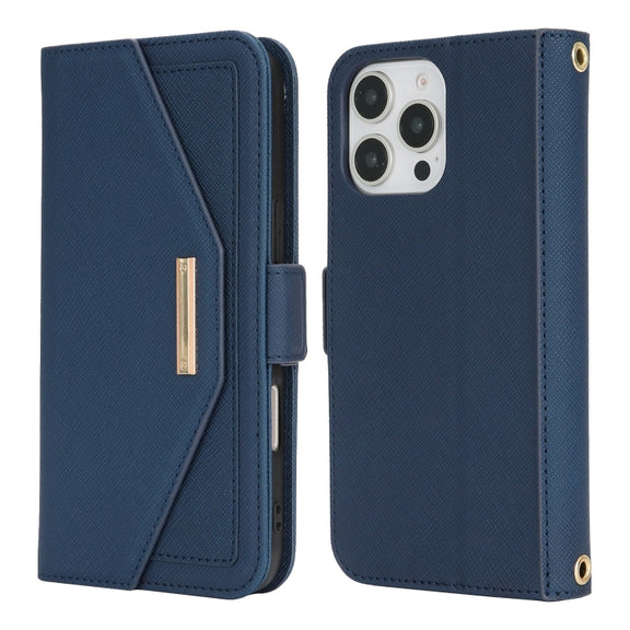 For iPhone 16 Pro Cross Texture Crossbody Lanyard Leather Phone Case(Blue)