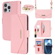 For iPhone 16 Pro Cross Texture Crossbody Lanyard Leather Phone Case(Pink)