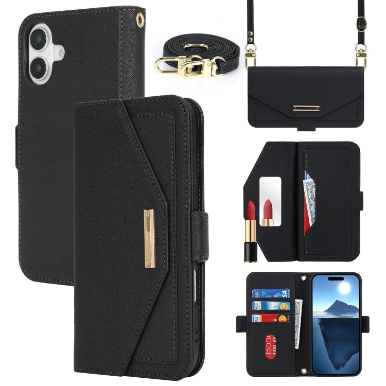 For iPhone 16 Plus Cross Texture Crossbody Lanyard Leather Phone Case(Black)