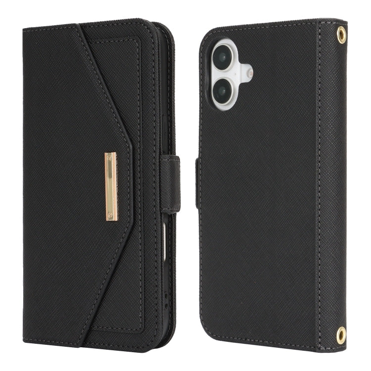 For iPhone 16 Plus Cross Texture Crossbody Lanyard Leather Phone Case(Black)