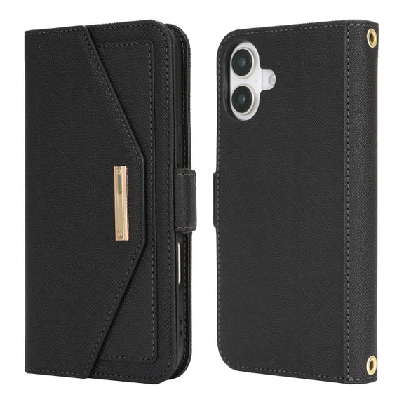 For iPhone 16 Plus Cross Texture Crossbody Lanyard Leather Phone Case(Black)