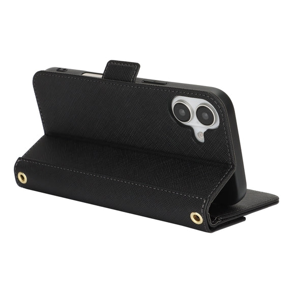 For iPhone 16 Plus Cross Texture Crossbody Lanyard Leather Phone Case(Black)