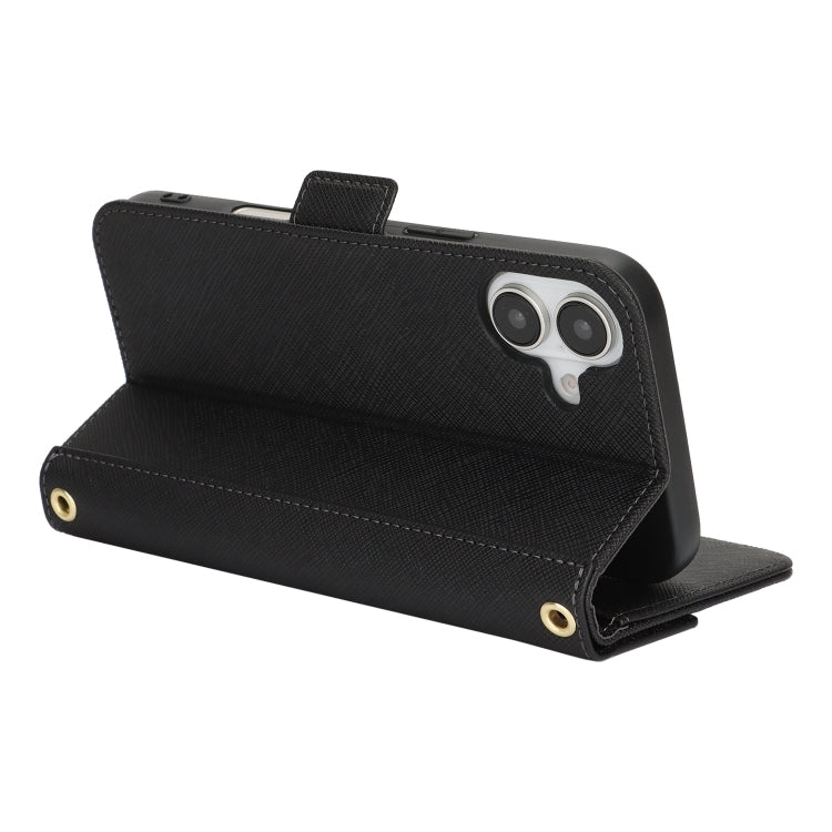 For iPhone 16 Plus Cross Texture Crossbody Lanyard Leather Phone Case(Black)