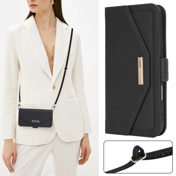 For iPhone 16 Plus Cross Texture Crossbody Lanyard Leather Phone Case(Black)