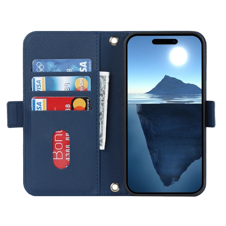 For iPhone 16 Plus Cross Texture Crossbody Lanyard Leather Phone Case(Blue)
