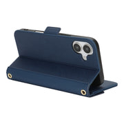 For iPhone 16 Plus Cross Texture Crossbody Lanyard Leather Phone Case(Blue)