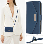 For iPhone 16 Plus Cross Texture Crossbody Lanyard Leather Phone Case(Blue)