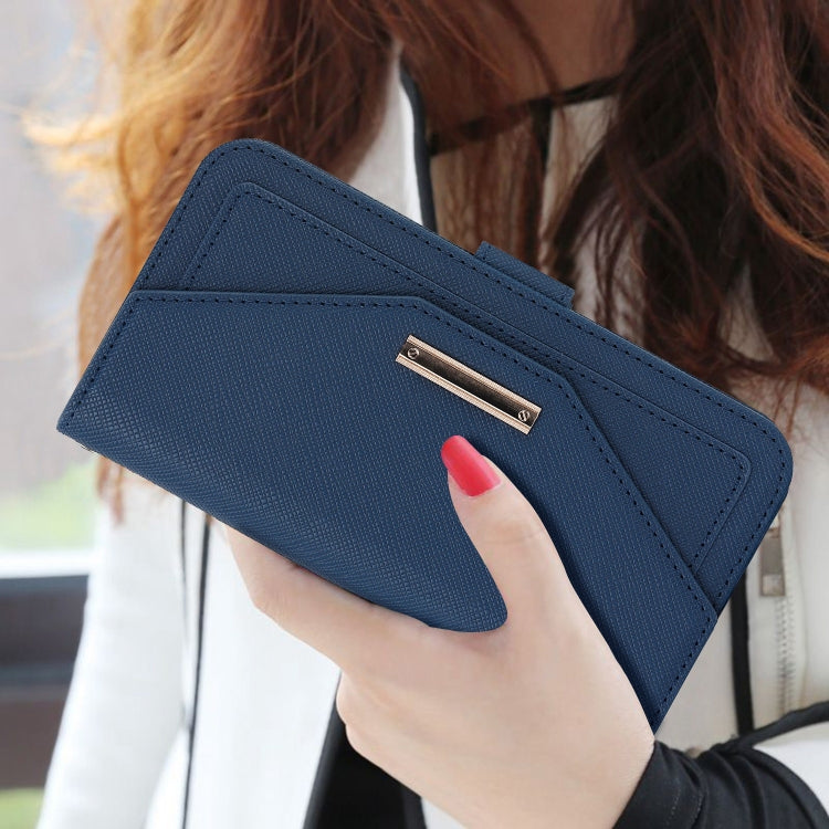 For iPhone 16 Plus Cross Texture Crossbody Lanyard Leather Phone Case(Blue)