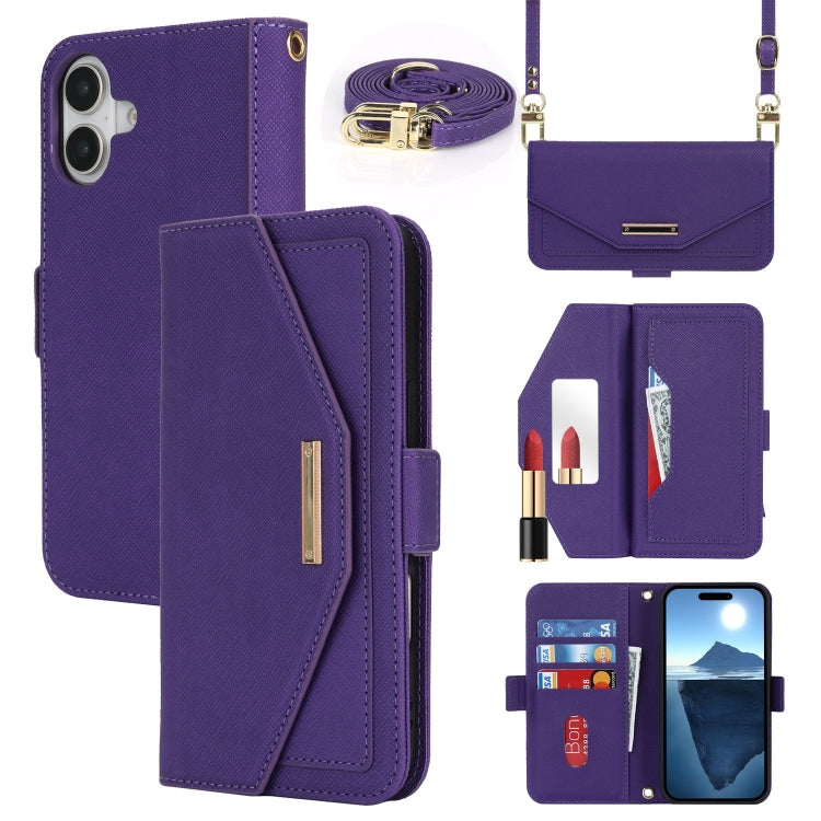 For iPhone 16 Plus Cross Texture Crossbody Lanyard Leather Phone Case(Purple)