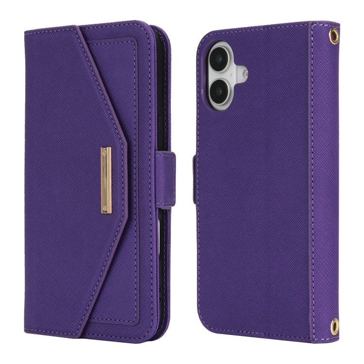 For iPhone 16 Plus Cross Texture Crossbody Lanyard Leather Phone Case(Purple)