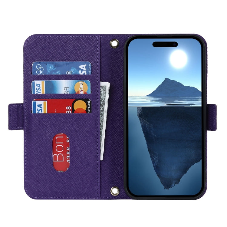 For iPhone 16 Plus Cross Texture Crossbody Lanyard Leather Phone Case(Purple)