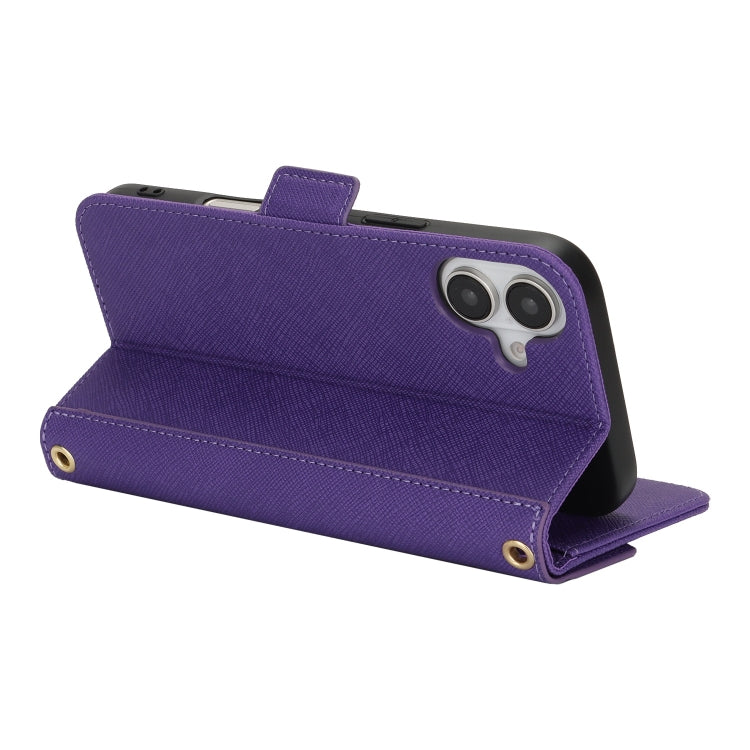 For iPhone 16 Plus Cross Texture Crossbody Lanyard Leather Phone Case(Purple)