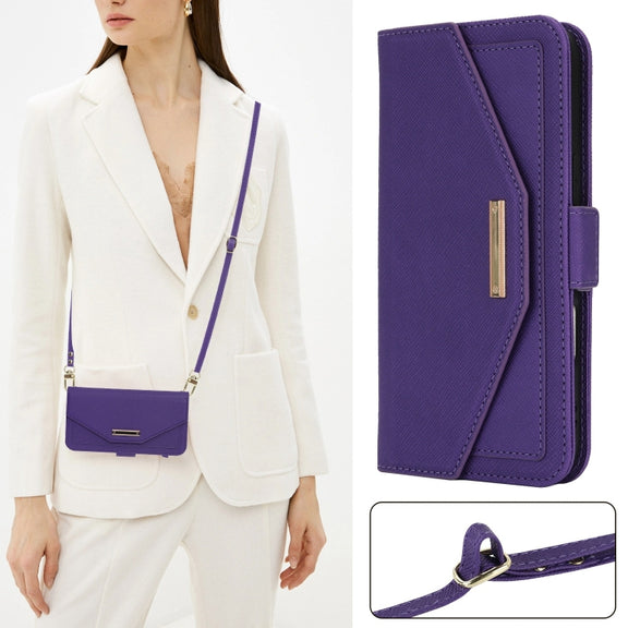 For iPhone 16 Plus Cross Texture Crossbody Lanyard Leather Phone Case(Purple)