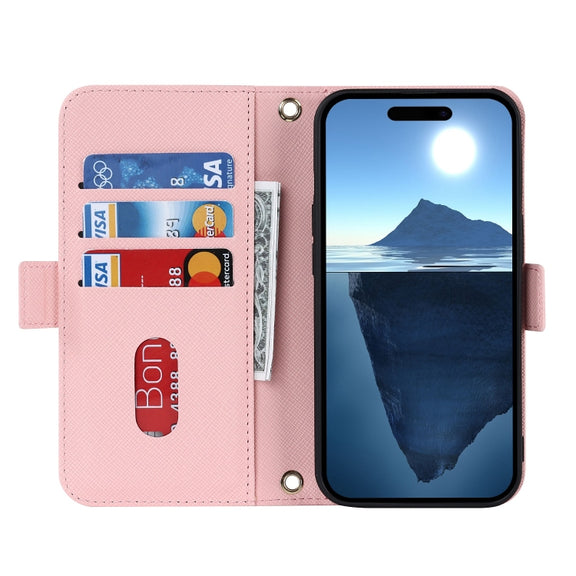 For iPhone 16 Plus Cross Texture Crossbody Lanyard Leather Phone Case(Pink)
