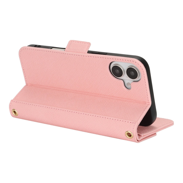 For iPhone 16 Plus Cross Texture Crossbody Lanyard Leather Phone Case(Pink)