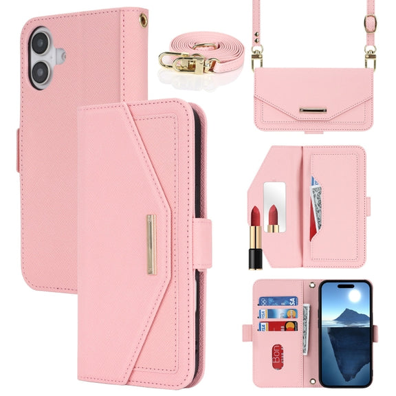 For iPhone 16 Plus Cross Texture Crossbody Lanyard Leather Phone Case(Pink)