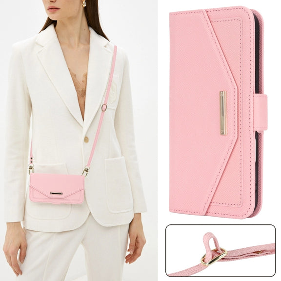 For iPhone 16 Plus Cross Texture Crossbody Lanyard Leather Phone Case(Pink)