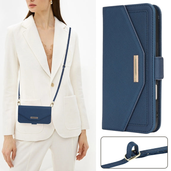 For iPhone 16 Cross Texture Crossbody Lanyard Leather Phone Case(Blue)