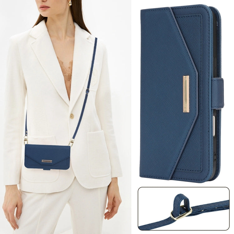 For iPhone 16 Cross Texture Crossbody Lanyard Leather Phone Case(Blue)