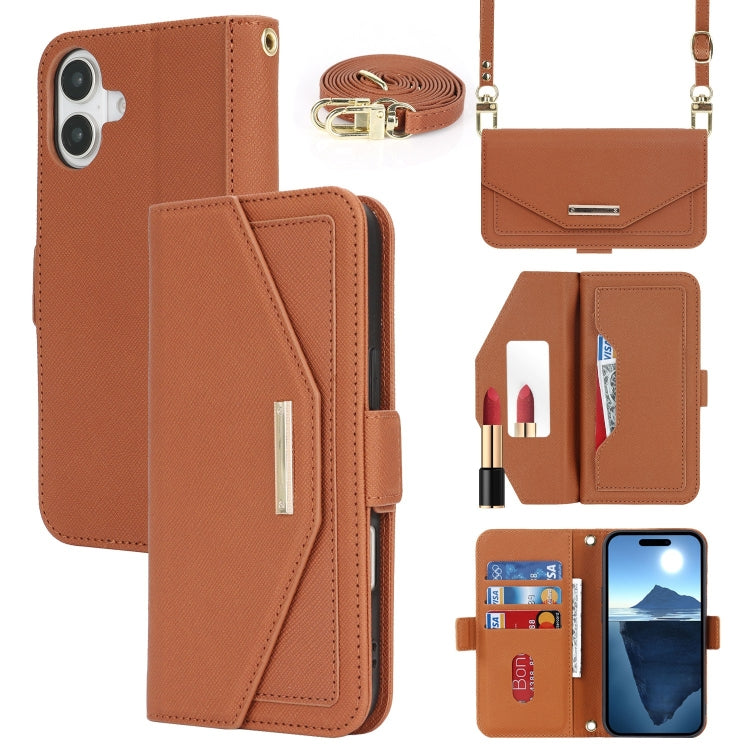 For iPhone 16 Cross Texture Crossbody Lanyard Leather Phone Case(Brown)
