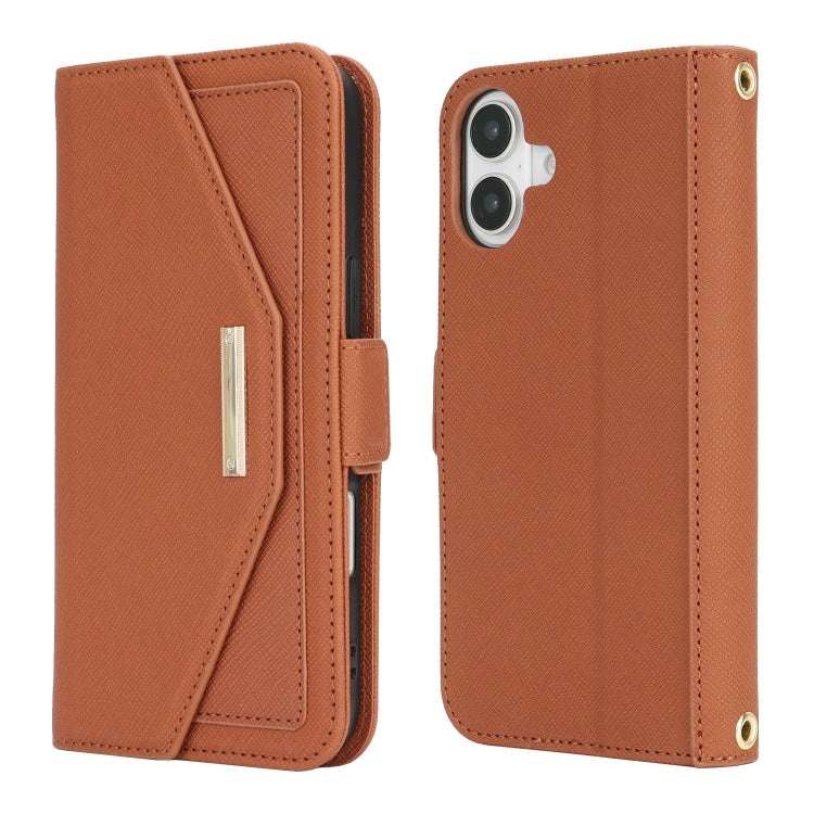 For iPhone 16 Cross Texture Crossbody Lanyard Leather Phone Case(Brown)