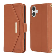For iPhone 16 Cross Texture Crossbody Lanyard Leather Phone Case(Brown)