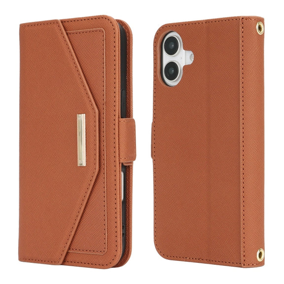 For iPhone 16 Cross Texture Crossbody Lanyard Leather Phone Case(Brown)