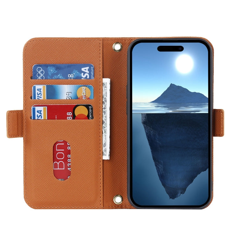 For iPhone 16 Cross Texture Crossbody Lanyard Leather Phone Case(Brown)