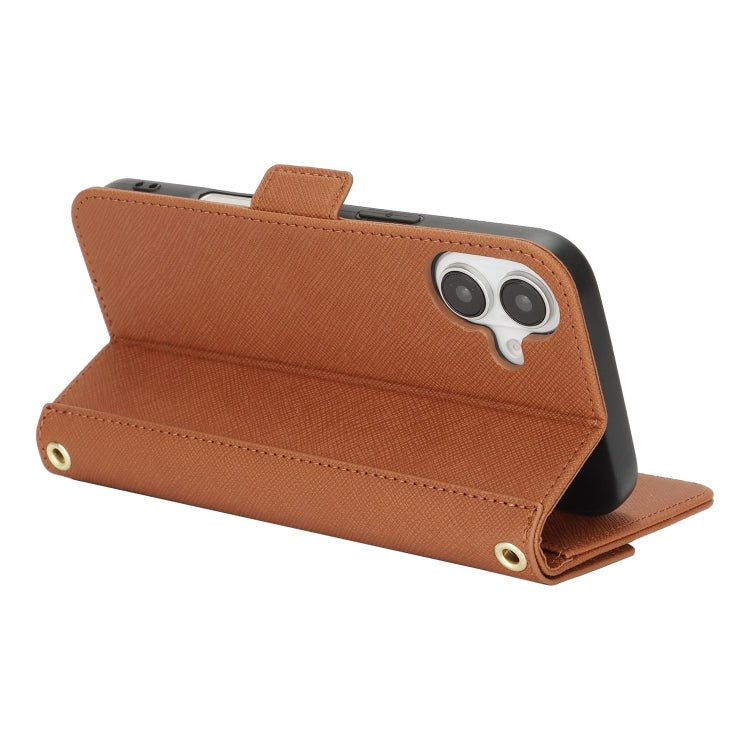 For iPhone 16 Cross Texture Crossbody Lanyard Leather Phone Case(Brown)